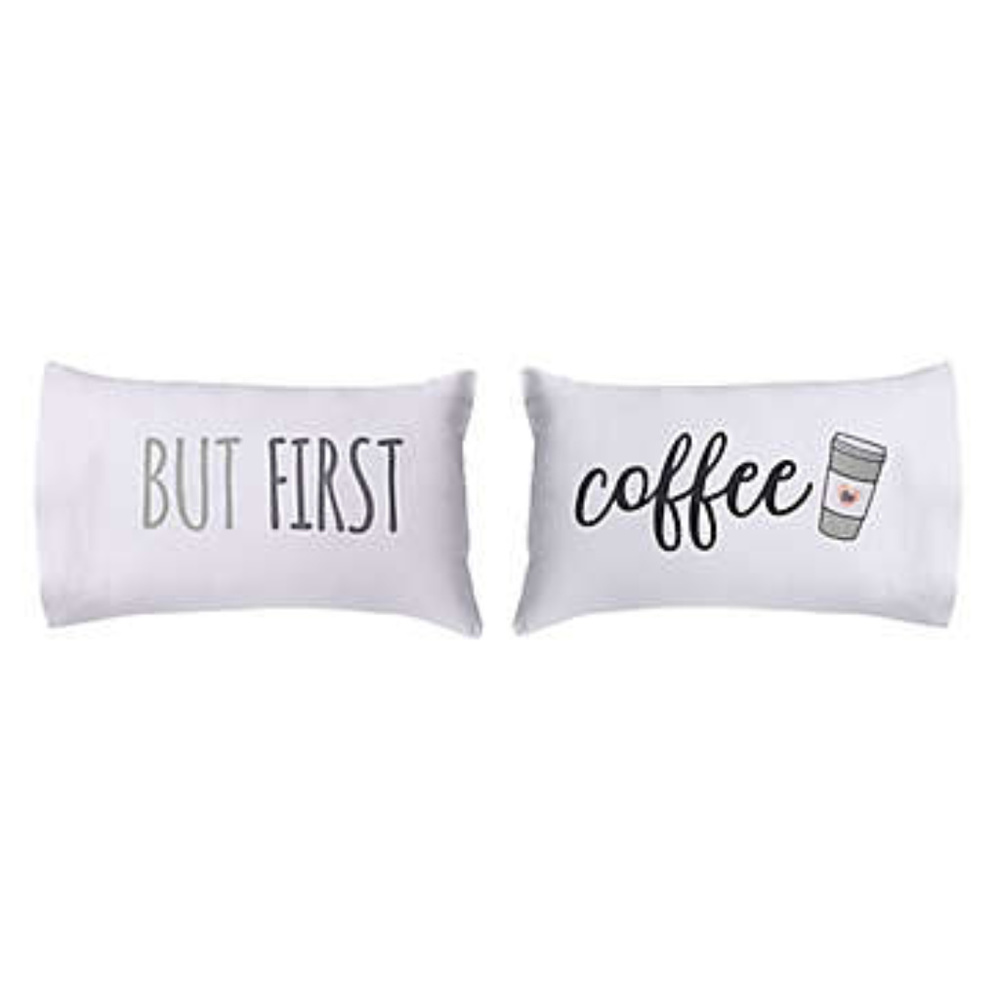 Pillowcases set 2 "But First Coffee" Standard cotton 20"x30" new 300 thread ct
